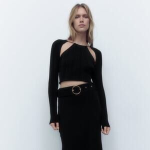 Zara Women's Black Long Sleeve Cutout Open Back Knit Sweater Crop Top Size S